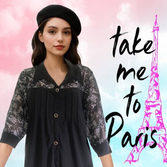 ATELIER 29 Iconic Parisian Imagery White Print Elbow Sleeve Black Blouse Sz L - Picture 1 of 5